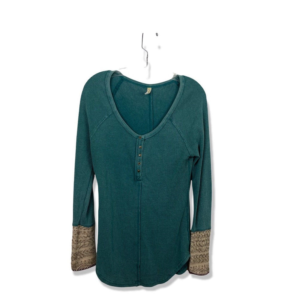 Free People Dolman Sleeve Henley Thermal Blue Button Scoop Neck Long Sleeve L